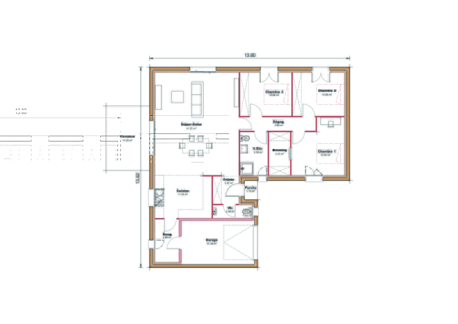 Plan Maison plain pied Sud Ouest Performance 13