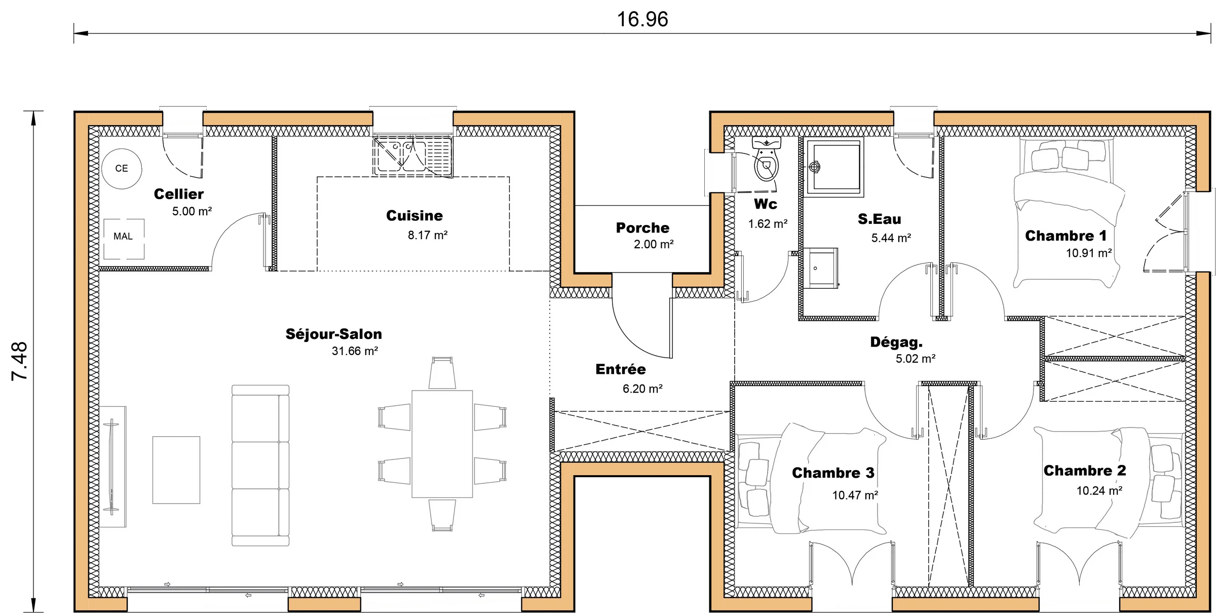 94m² wooden frame house with 3 bedrooms