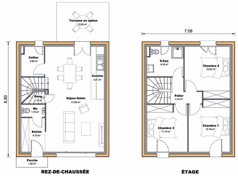 Un plan de maison à étage de 90 m2 compacte et bien agencée.