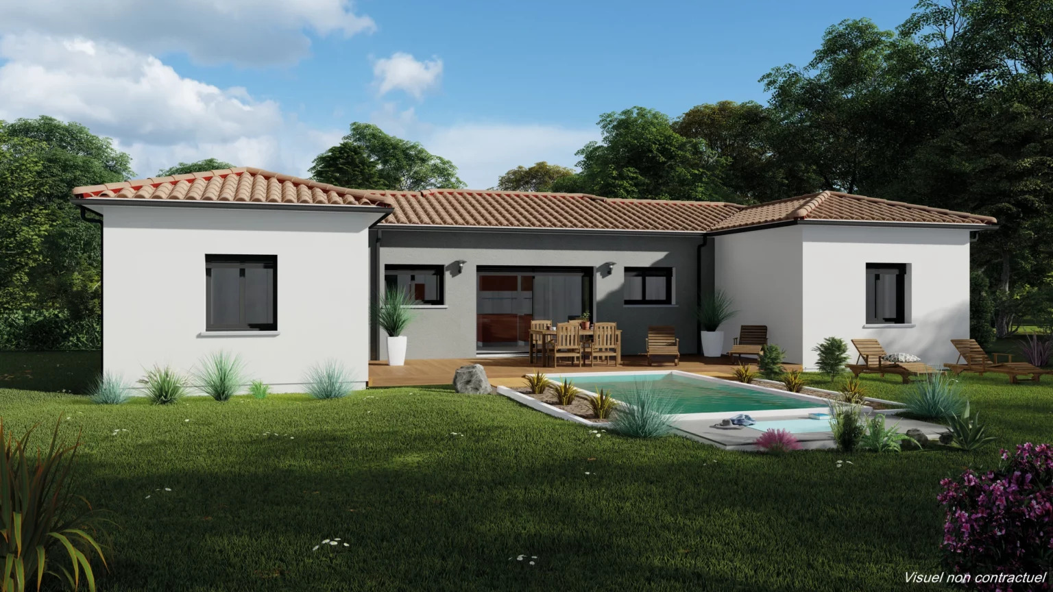 le plan d'une maison en U avec piscine