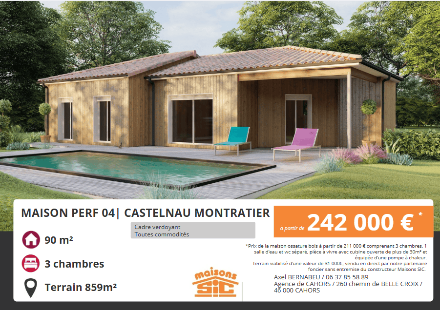 Vente maison à Castelnau montratier (46170) de 90 m2 habitable sur terrain de 1000 m2
